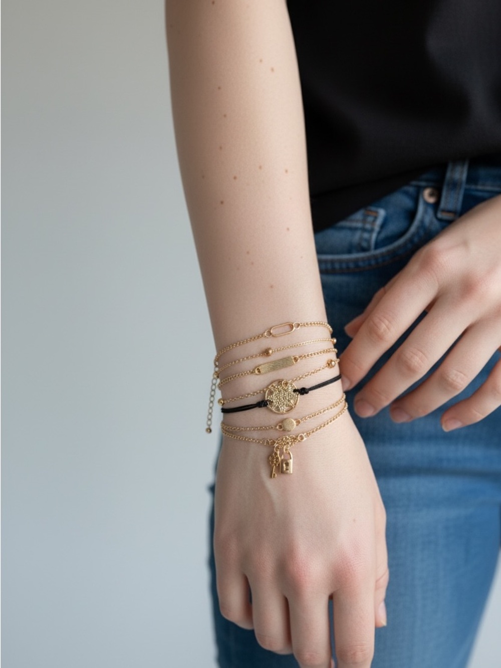 9/11 Gold Multi-Layer Charm Bracelet Set with Black Cord